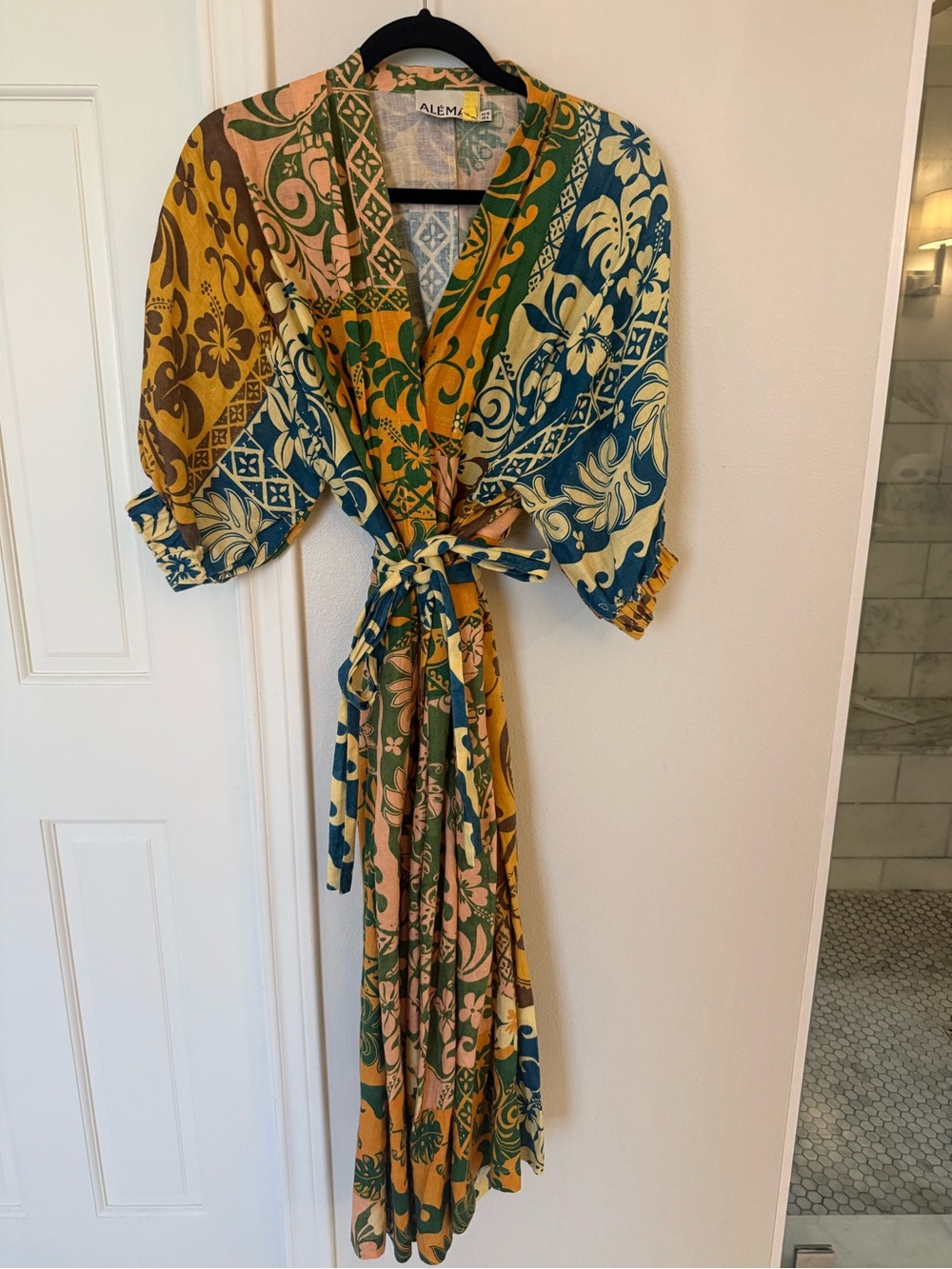 Alemais Patchwork Wrap Midi Dress in Mustard, Teal & Cream